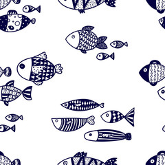 Cute fish.  Kids line background. Seamless pattern. Can be used in textile industry, paper, background, scrapbooking.