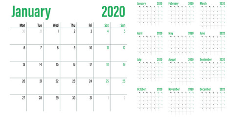 Calendar planner 2020 template vector illustration all 12 months week starts on Monday and indicate weekends on Saturday and Sunday
