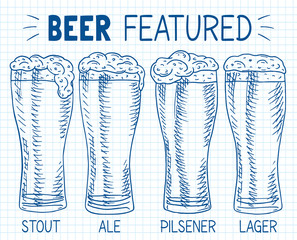 Beer featured. Beautiful illustration of stout, ale, light and lager beer - 293711423
