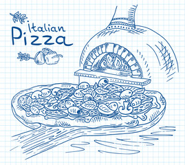 Beautiful illustration of Italian Pizza on the Cutting Board in the oven  - 293711430