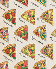 Beautiful pattern of Italian Pizza. Six slices of Margarita, Hawaii, Pepperoni, Vegetarian and Seafood pizza - 293711462