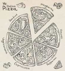 Beautiful illustration of Italian Pizza. Six slices of Margarita, Hawaii, Pepperoni, Vegetarian and Seafood pizza - 293711482