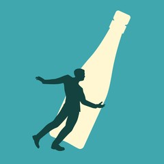 Man huge bottle of alcohol. Unhealthy addiction metaphor.