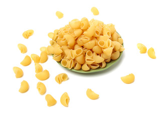 Italian pasta (Gomiti Rigati) on white background 