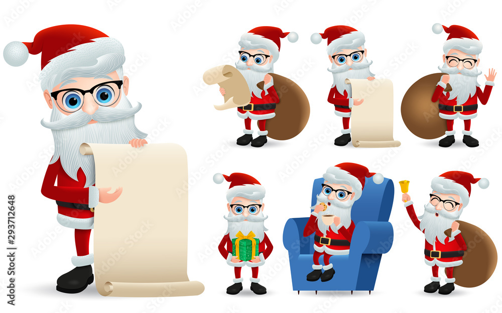 Poster santa claus christmas characters set with wish list. santa claus vector character showing and holdin
