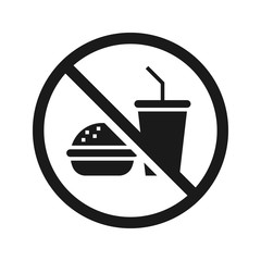 No food no drinks sign. High quality prohibition sign isolated on white. City public signs. Monochrome, one color, in one paint, black and white.
