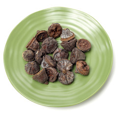 Dried fruits of eucaliptus globulus labill on white background