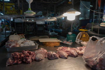 Fresh pork in the local market in Thailand. Fresh meat for cooking. Selective focus