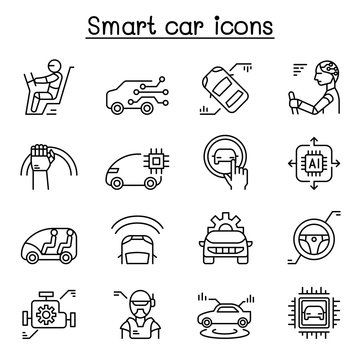 Smart Car Icon Set In Thin Line Style