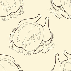 Chicken meat pattern vector, doodle art. Whole fried chicken Turkey