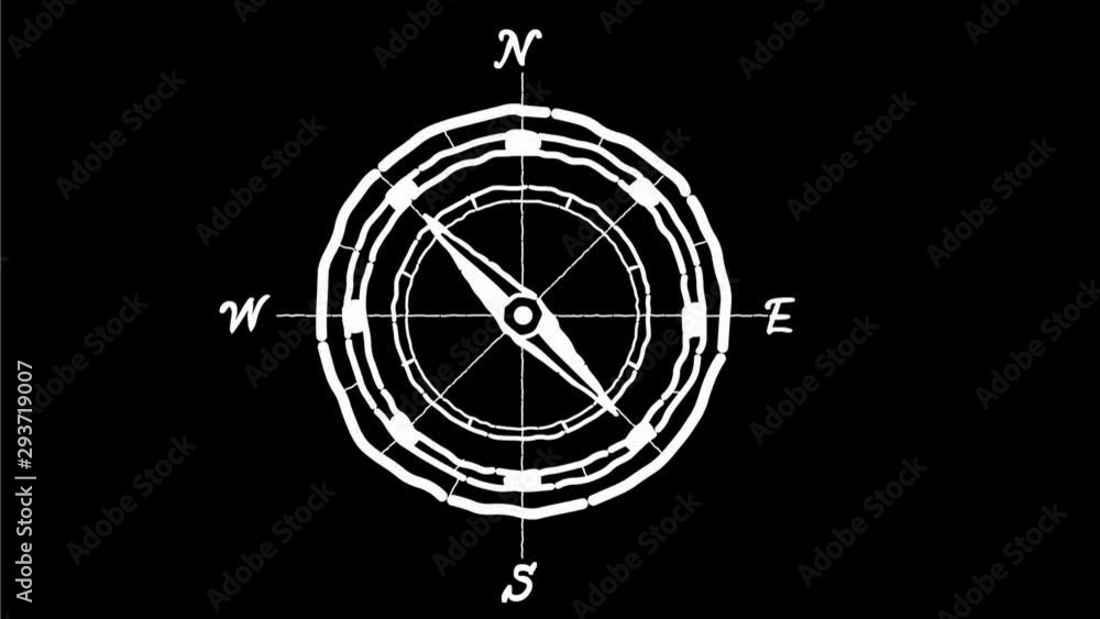 Poster 2d animation motion graphics drawing of a vintage navigation compass with needle arrow rotating poin