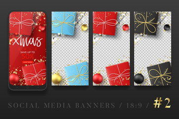 Set of promotion social media banners. Elegant sale and discount rectangle banners for mobile apps. Promo template with realistic gift boxes, Christmas balls and light garlands. Vector illustration.