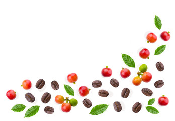 Roasted coffee beans  with leaves on white background