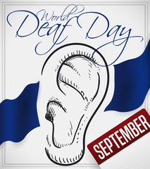 Ear Draw, Ribbons and Calendar to Celebrate World Deaf Day, Vector Illustration