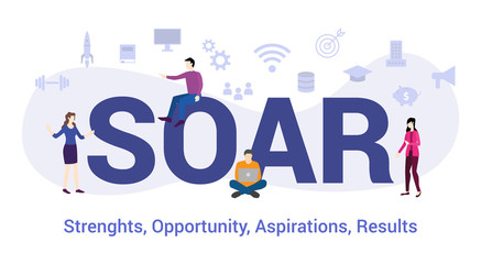 soar strengths opportunity aspirations result concept with big word or text and team people with modern flat style - vector