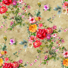 Watercolor painting of leaf and flowers, seamless pattern background