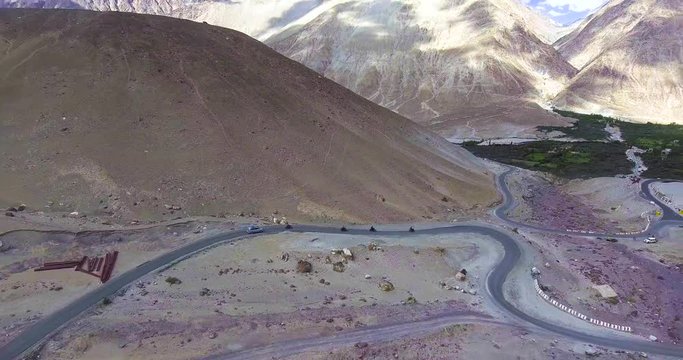 Riders moving on the amazing Roads of Ladakh.//Drone shot