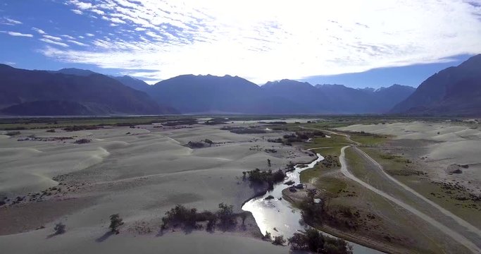 Aerial shot of the sand dunes of Hunder(Nubra valley).//Drone shot