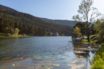 Bolu, Turkey, 29 September 2019: Goynuk, which is a historic district in the Bolu, Turkey. Lake, forest and house.