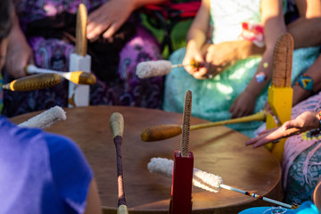 Sacred drums during spiritual singing. A close up view during a traditional singing circle where...