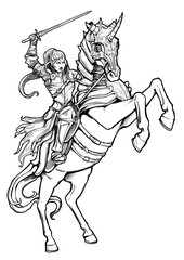 A woman knight with a sword exulting astride a rearing horse, shouts triumphantly . 2D illustration. © warmtail