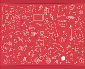 A vector children and teen school comic pattern doodles of electronic gadgets, computer, laptop, monitor - 293724647