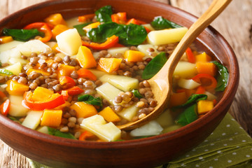 Tasty homemade soup with vegetables, lentils and spinach close-up in a bowl. horizontal
