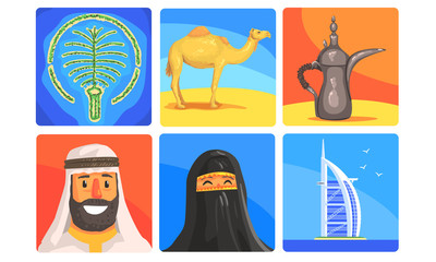 United Arab Emirates Symbols Set, People in Traditional Clothes, Cultural and Architectural Objects Vector Illustration