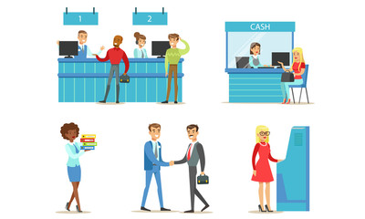 Bank Managers and Clients Set, Banking Service, People Making Financial Operations with Money at the Bank Office Vector Illustration