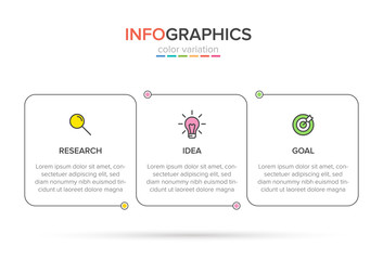 Concept of arrow business model with 3 successive steps. Three colorful rectangular elements. Timeline design for brochure, presentation. Infographic design layout.