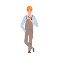 Male builder holds a drill in his hand. Vector illustration.