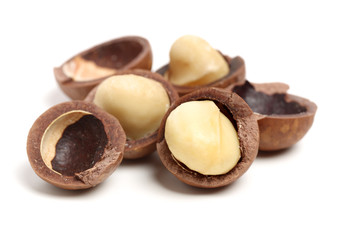 Shelled and unshelled macadamia nuts on white background 