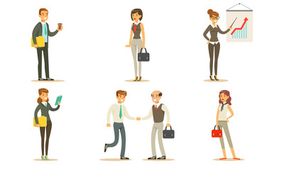 Business People Working in Office Set, Male and Female Managers or Employees Characters, Busineepeople Making Presentation, Handshaking Vector Illustration