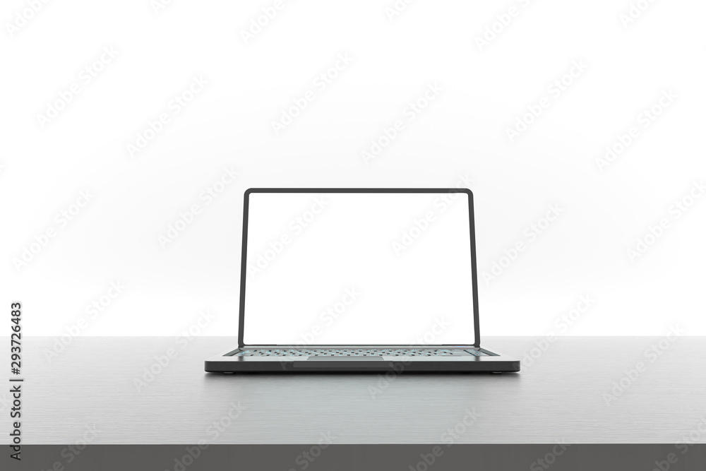 Poster isolated laptop on a clean table with space on a white background. realistic 3d rendering with clipp