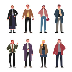 Set of men and women characters wearing autumn clothes. flat design style minimal vector illustration.