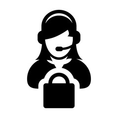Customer service icon vector female support person profile avatar with a bag and a headphone for online assistant in glyph pictogram illustration