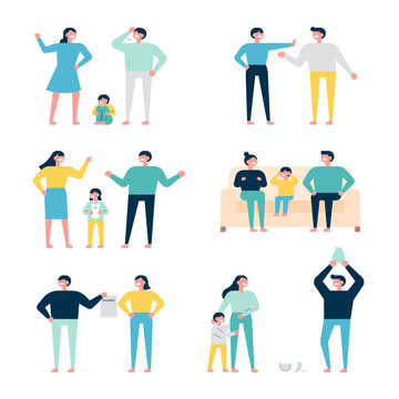 Set of family characters fighting and quarreling with each other. flat design style minimal vector illustration.