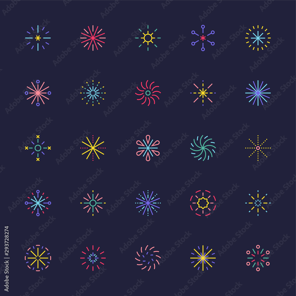 Poster Fireworks icon collection set of various patterns. flat design style minimal vector illustration.
