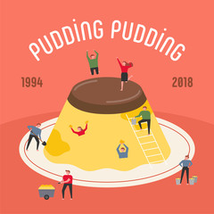 Small people are having fun around a huge pudding. flat design style minimal vector illustration.