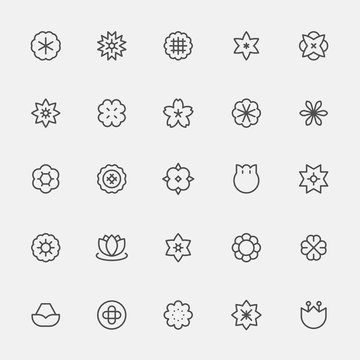 Set of monochrome simple line style flower icons. flat design style minimal vector illustration.