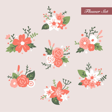 Beautiful flower corsage set.  flat design style minimal vector illustration.