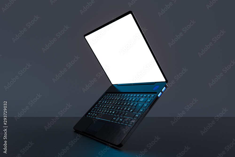 Poster laptop on a clean table with space on a dark background. realistic 3d rendering with clipping path.