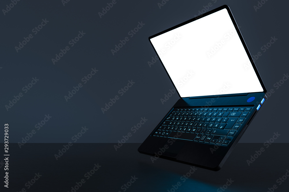 Poster laptop on a clean table with space on a dark background. realistic 3d rendering with clipping path.