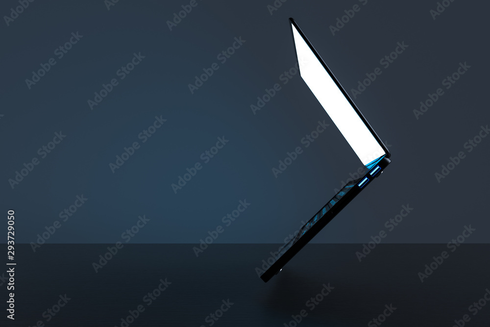 Poster laptop on a clean table with space on a dark background. realistic 3d rendering with clipping path.