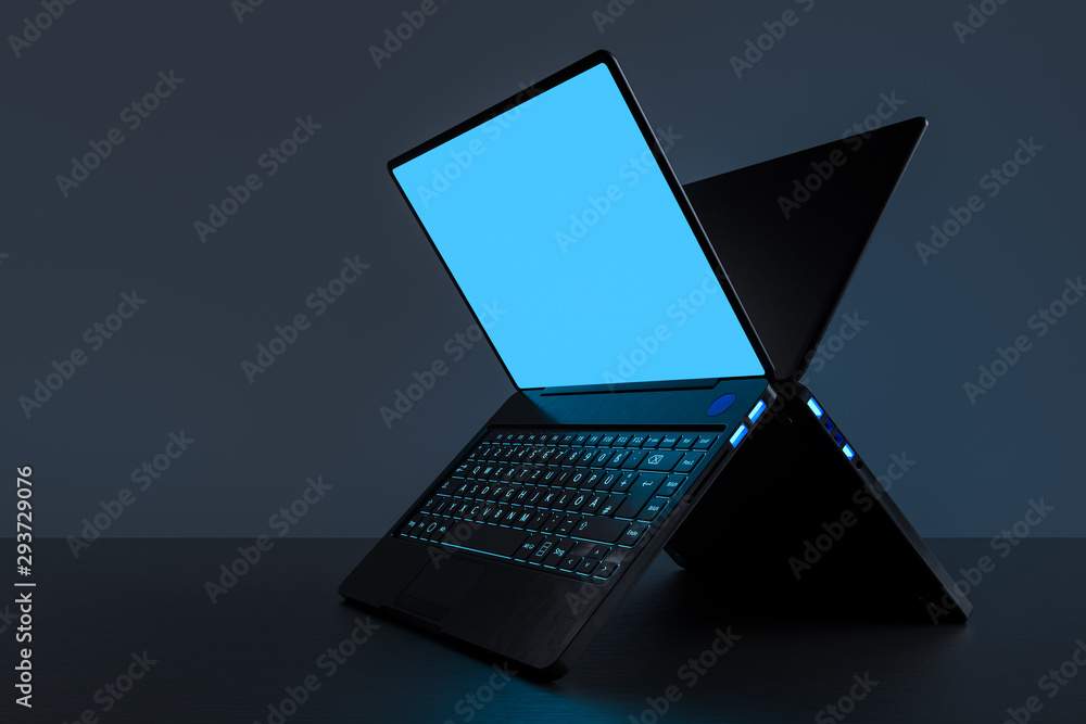 Poster laptop on a clean table with space on a dark background. realistic 3d rendering with clipping path.