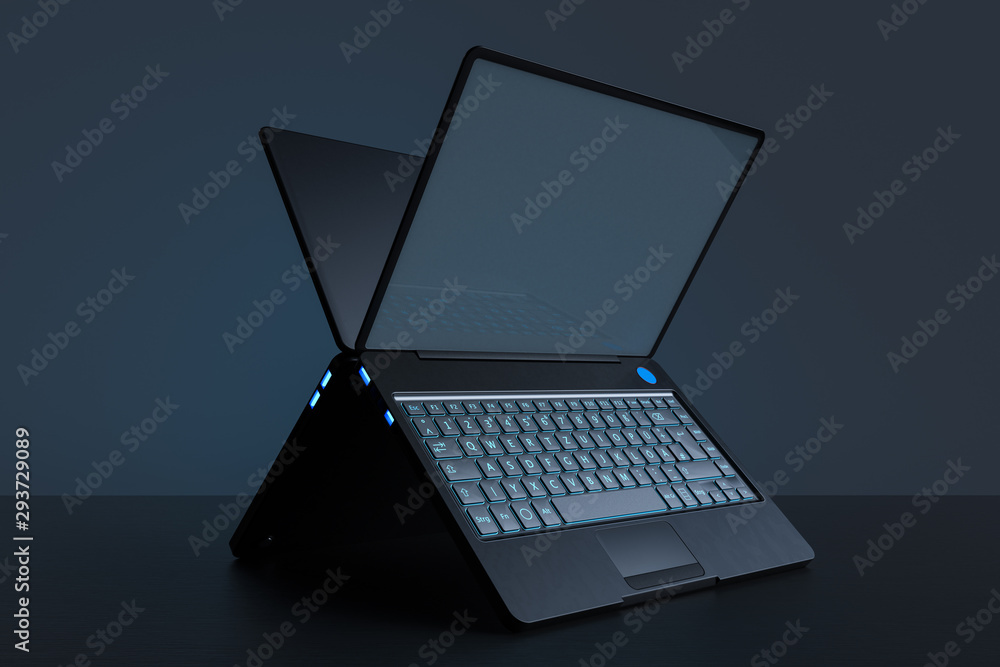 Poster laptop on a clean table with space on a dark background. realistic 3d rendering with clipping path.