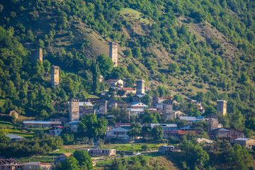 Areal view of beautiful old village Mestia with its Svan Towers. Great place to travel. Georgia.