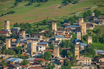 Fototapeta na wymiar Areal view of beautiful old village Mestia with its Svan Towers. Great place to travel. Georgia.