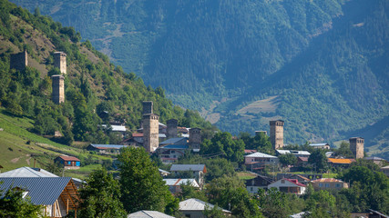 Fototapeta na wymiar Areal view of beautiful old village Mestia with its Svan Towers. Great place to travel. Georgia.
