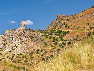 Impressive medieval tower on a hill in Mani, Peloponnese, Greece.